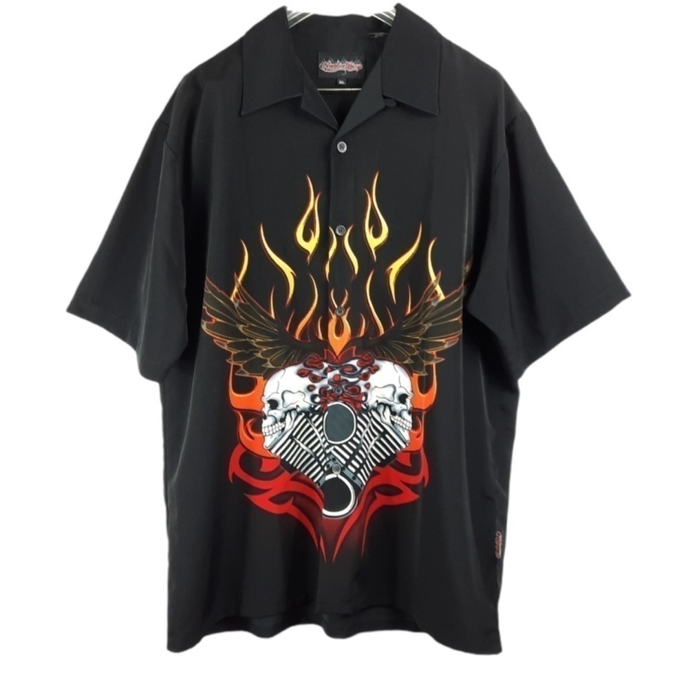 Sapphire Lounge Flame and Skull Button Down Short Sleeve Shirt Large